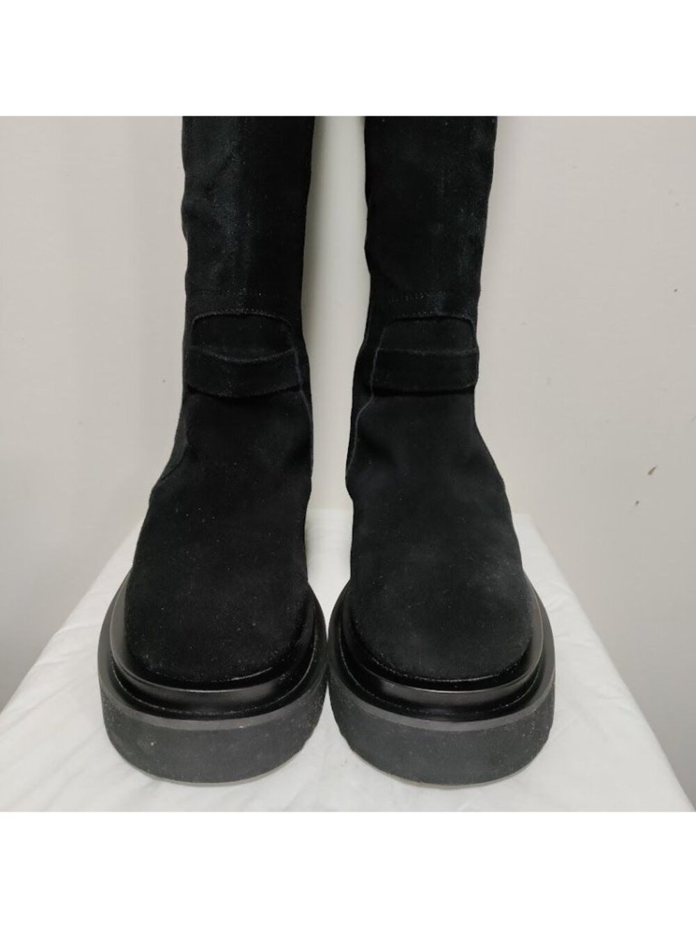 Black Suede Knee Mens Size 8 High Boots With Chunky Sole & Stacked Heel Rocker - Picture 4 of 15